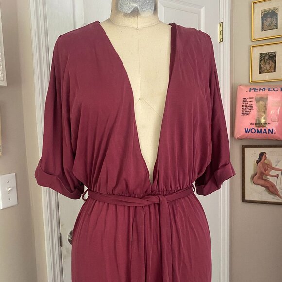 emory park MAUVE stretchy Low Plunge V neck Smocked Belted Romper Jumpsuit *SML* - Picture 2 of 6